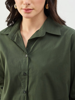 Olive Heigh low Oversized Boxy Poplin Shirt-SASSAFRAS BASICS