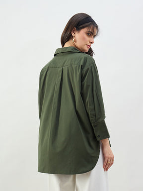 Olive Heigh low Oversized Boxy Poplin Shirt-SASSAFRAS BASICS