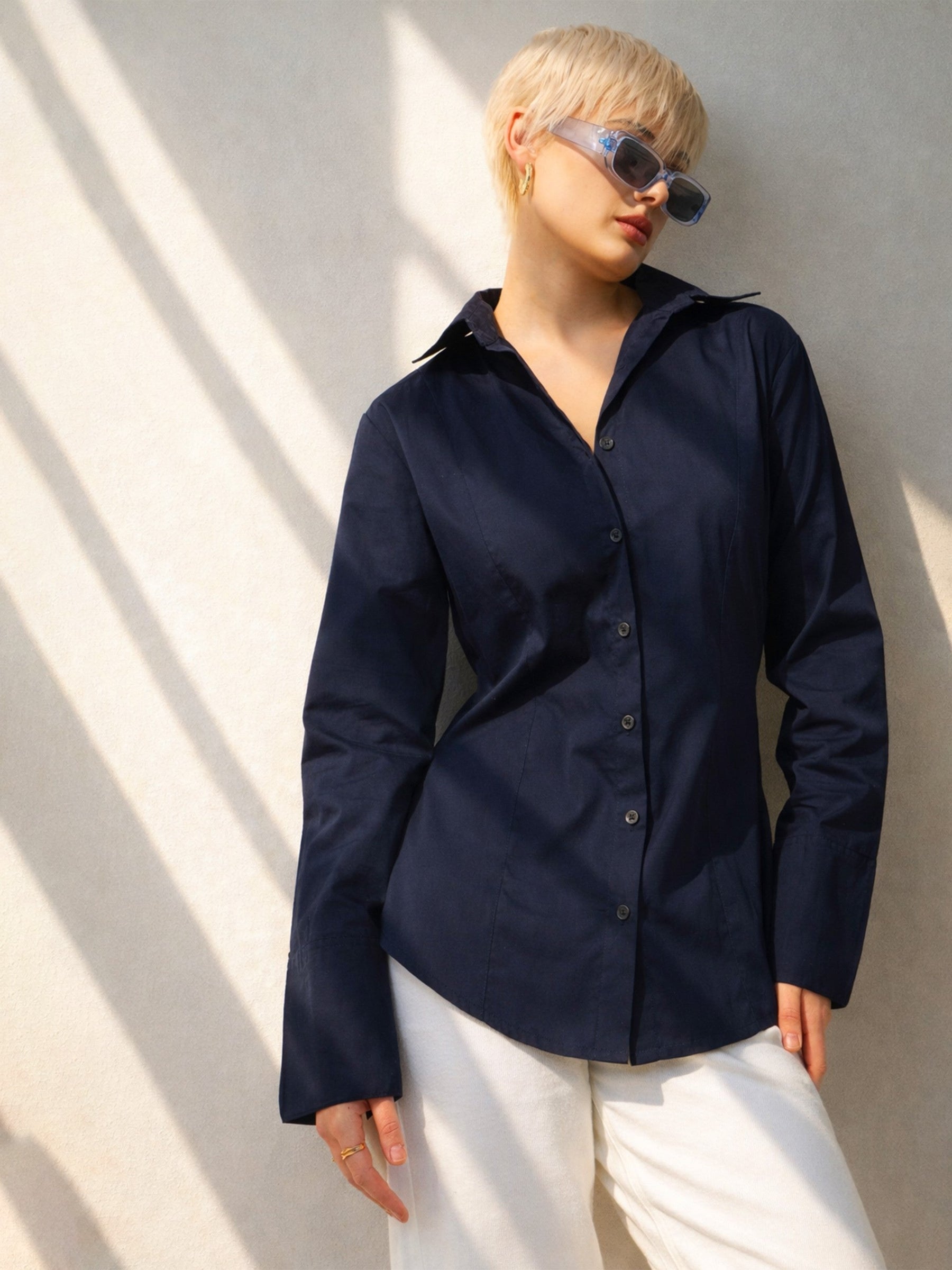 Navy Slim Fit Poplin Shirt-SASSAFRAS BASICS