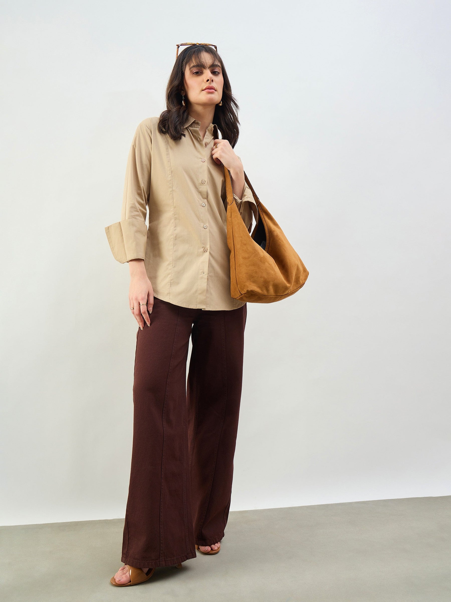 Beige Slim Fit Poplin Shirt-SASSAFRAS BASICS