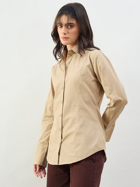Beige Slim Fit Poplin Shirt-SASSAFRAS BASICS