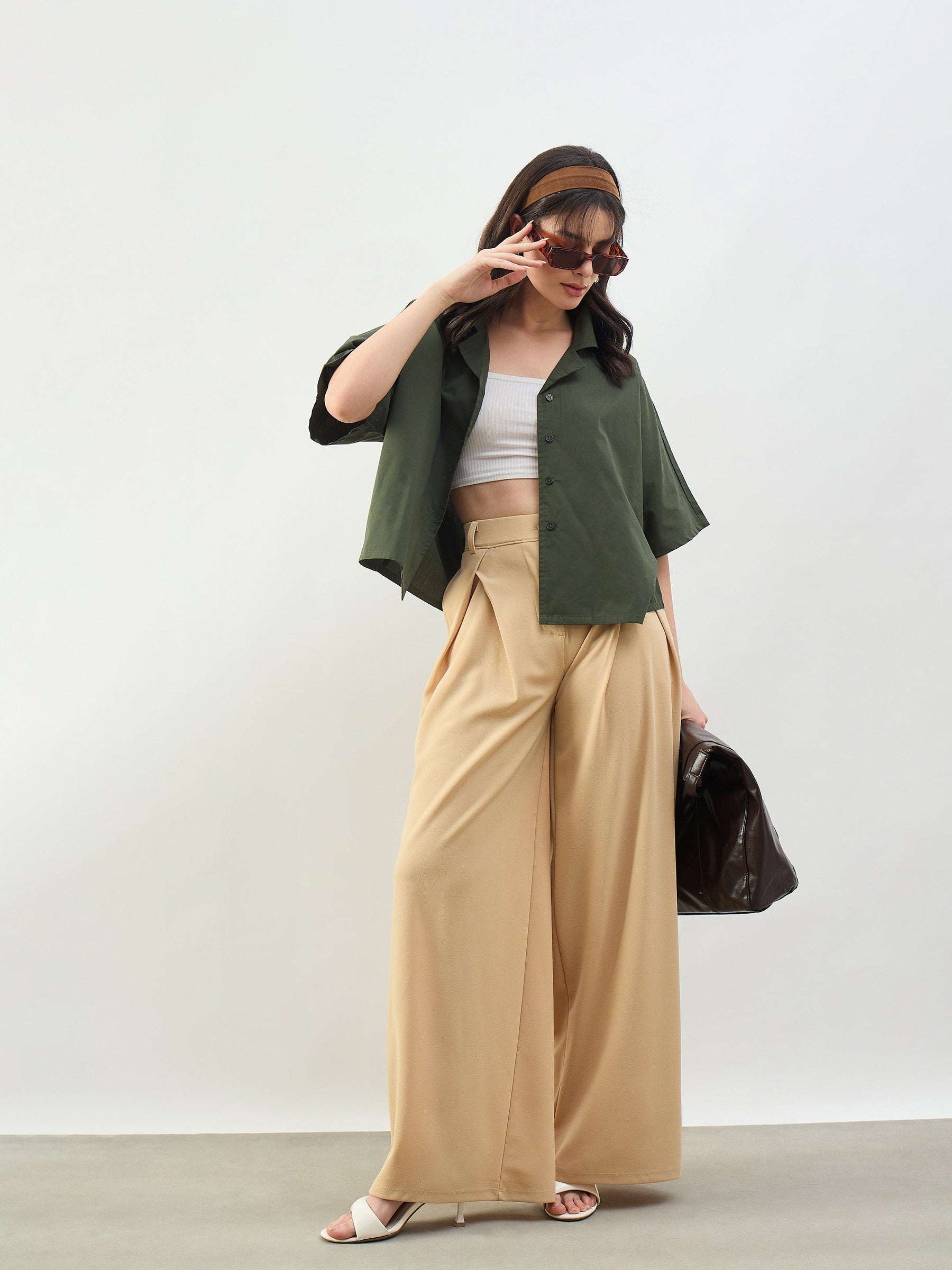 Olive Boxy Fit Poplin Crop Shirt-SASSAFRAS BASICS