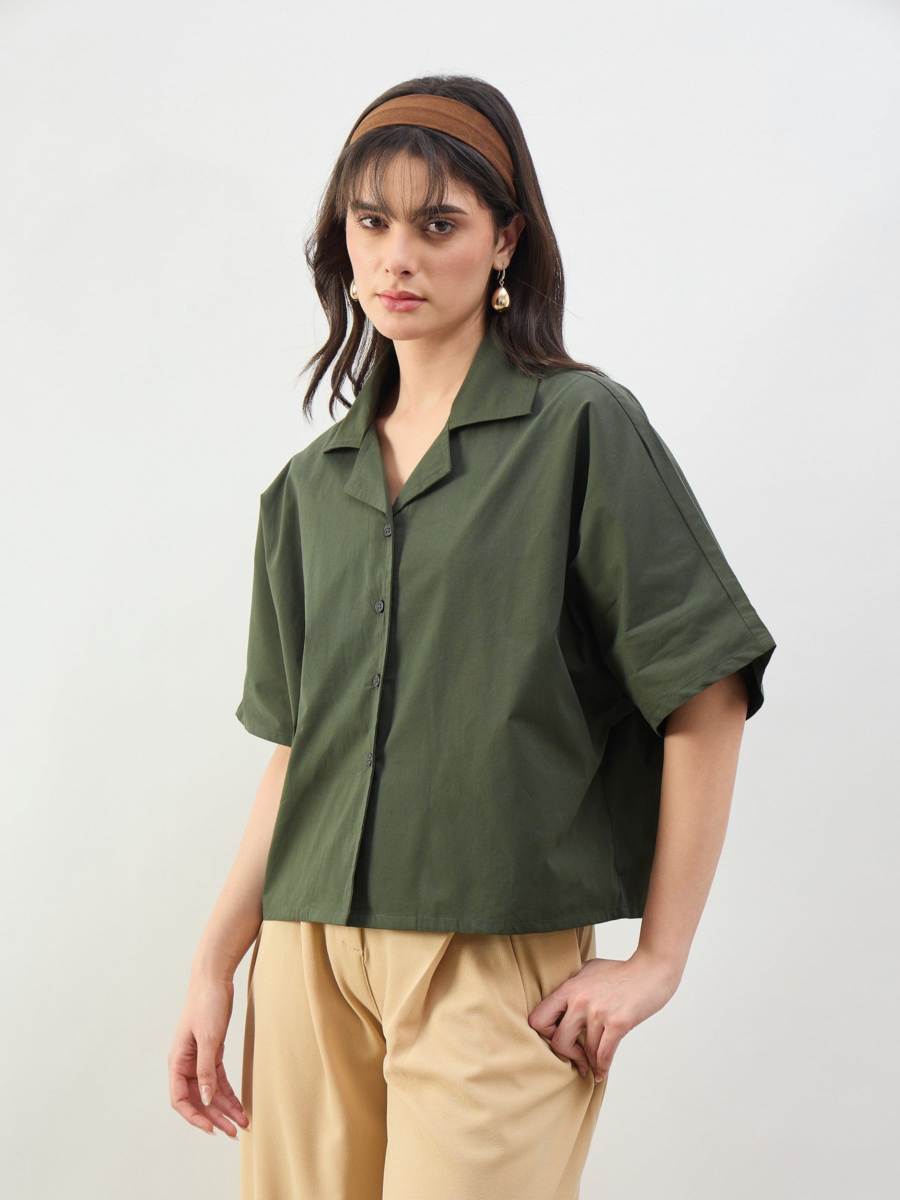 Olive Boxy Fit Poplin Crop Shirt-SASSAFRAS BASICS