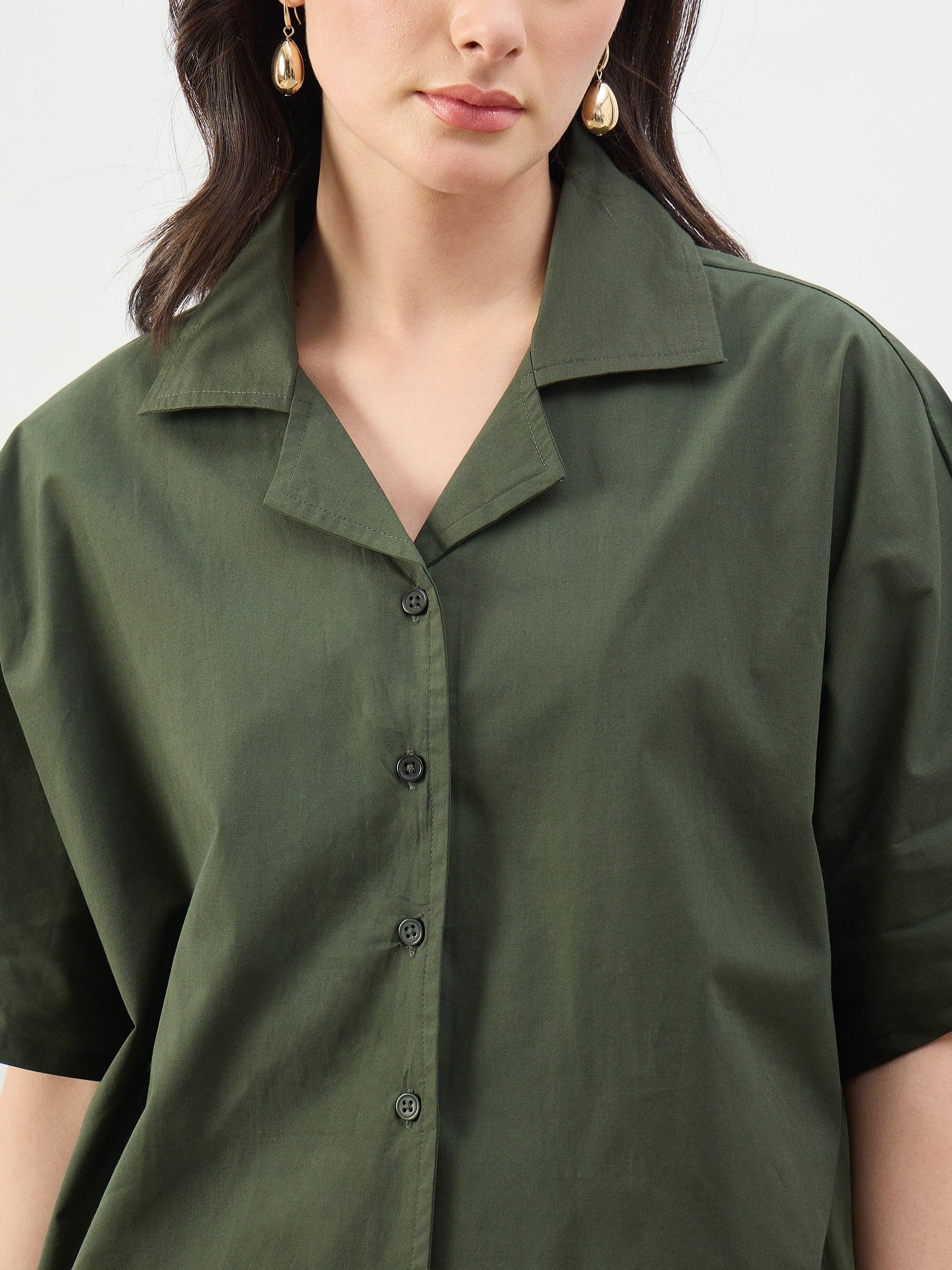 Olive Boxy Fit Poplin Crop Shirt-SASSAFRAS BASICS