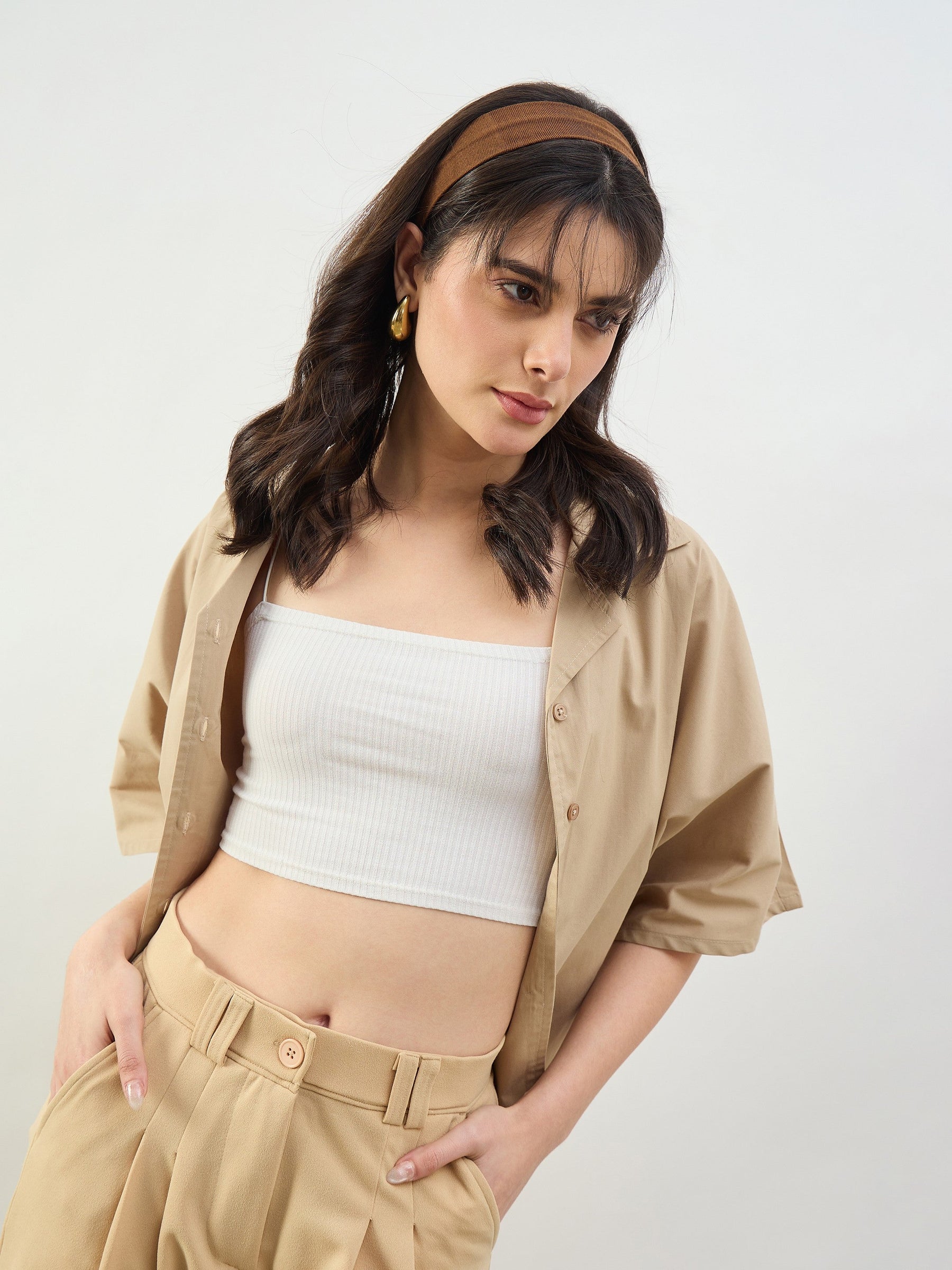 Beige Boxy Fit Poplin Crop Shirt-SASSAFRAS BASICS