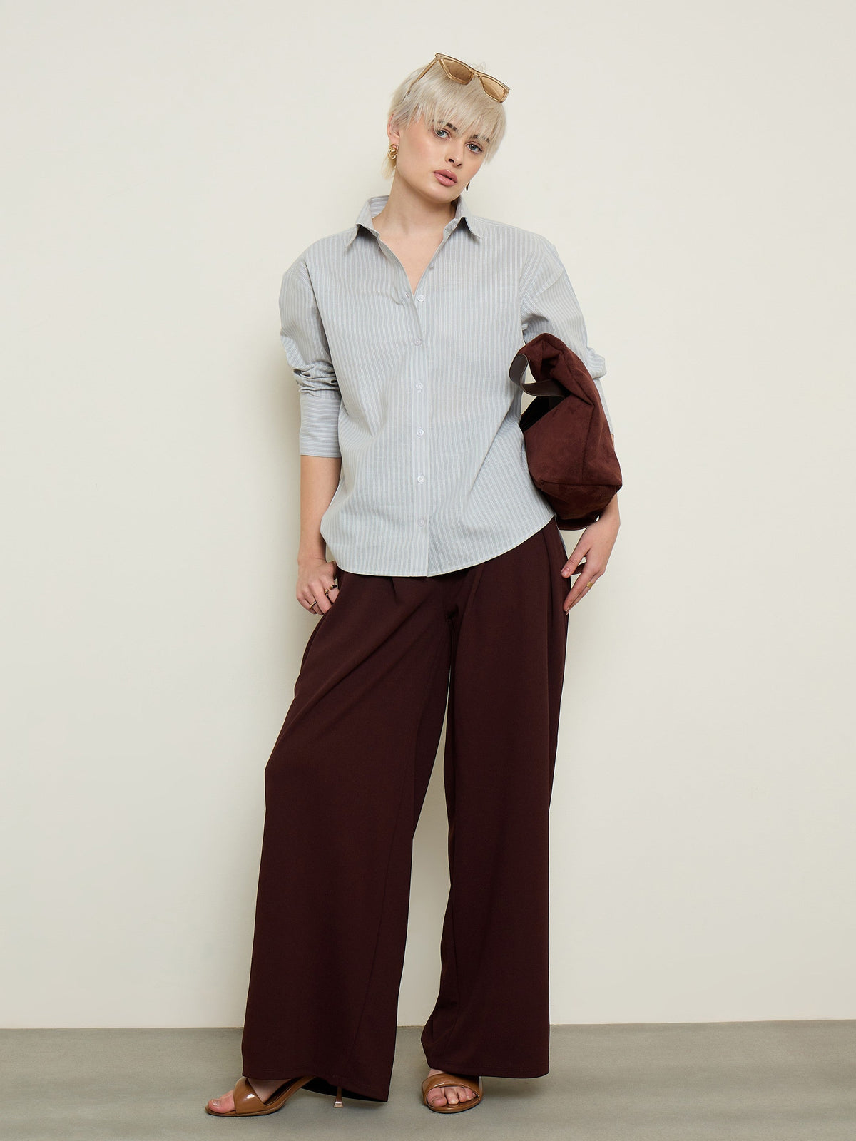 Grey Stripe High-Low Boxy Poplin Shirt-SASSAFRAS BASICS