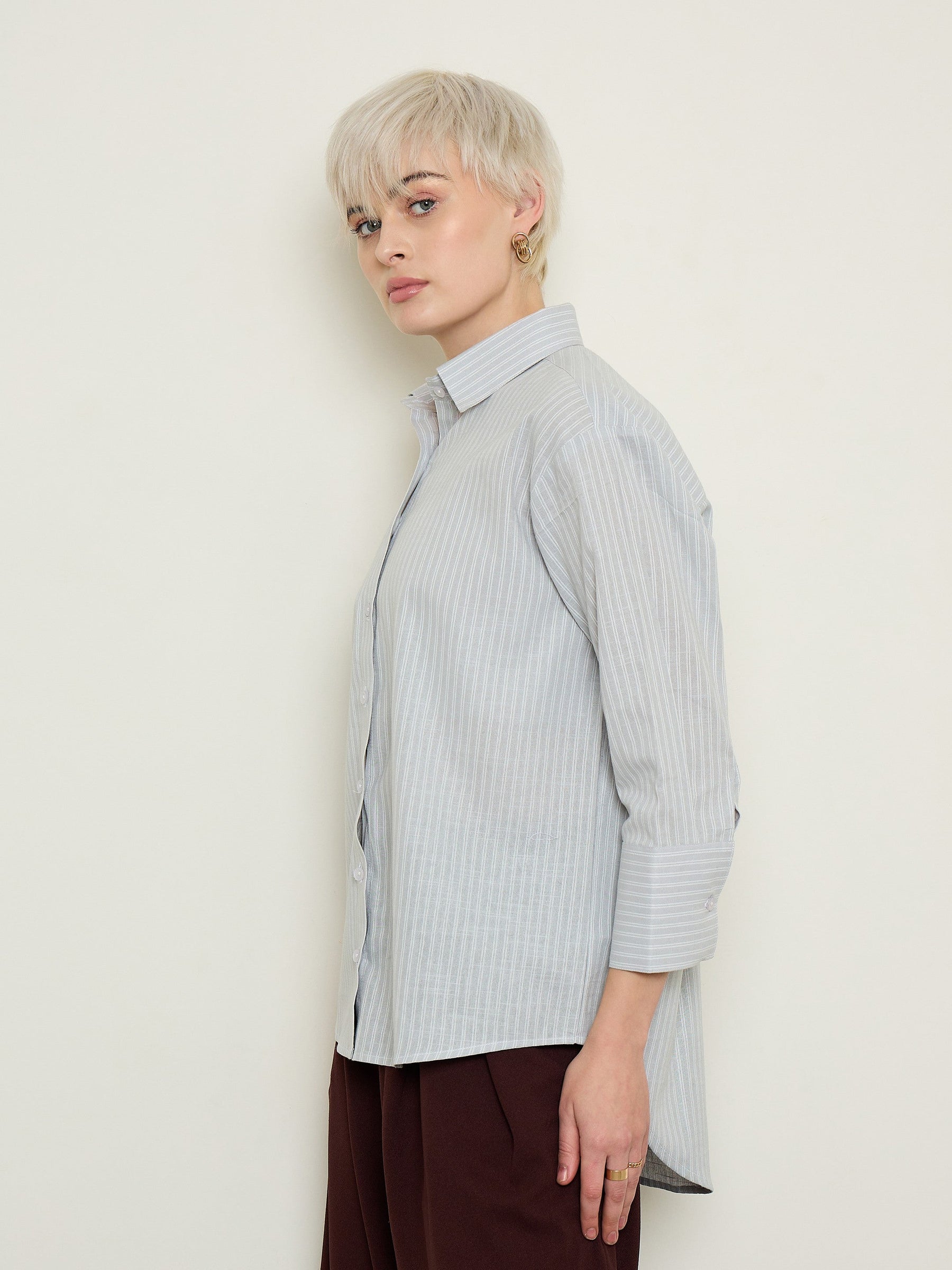 Grey Stripe High-Low Boxy Poplin Shirt-SASSAFRAS BASICS
