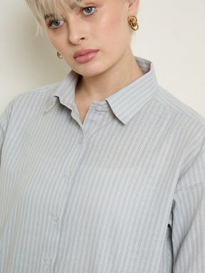 Grey Stripe High-Low Boxy Poplin Shirt-SASSAFRAS BASICS