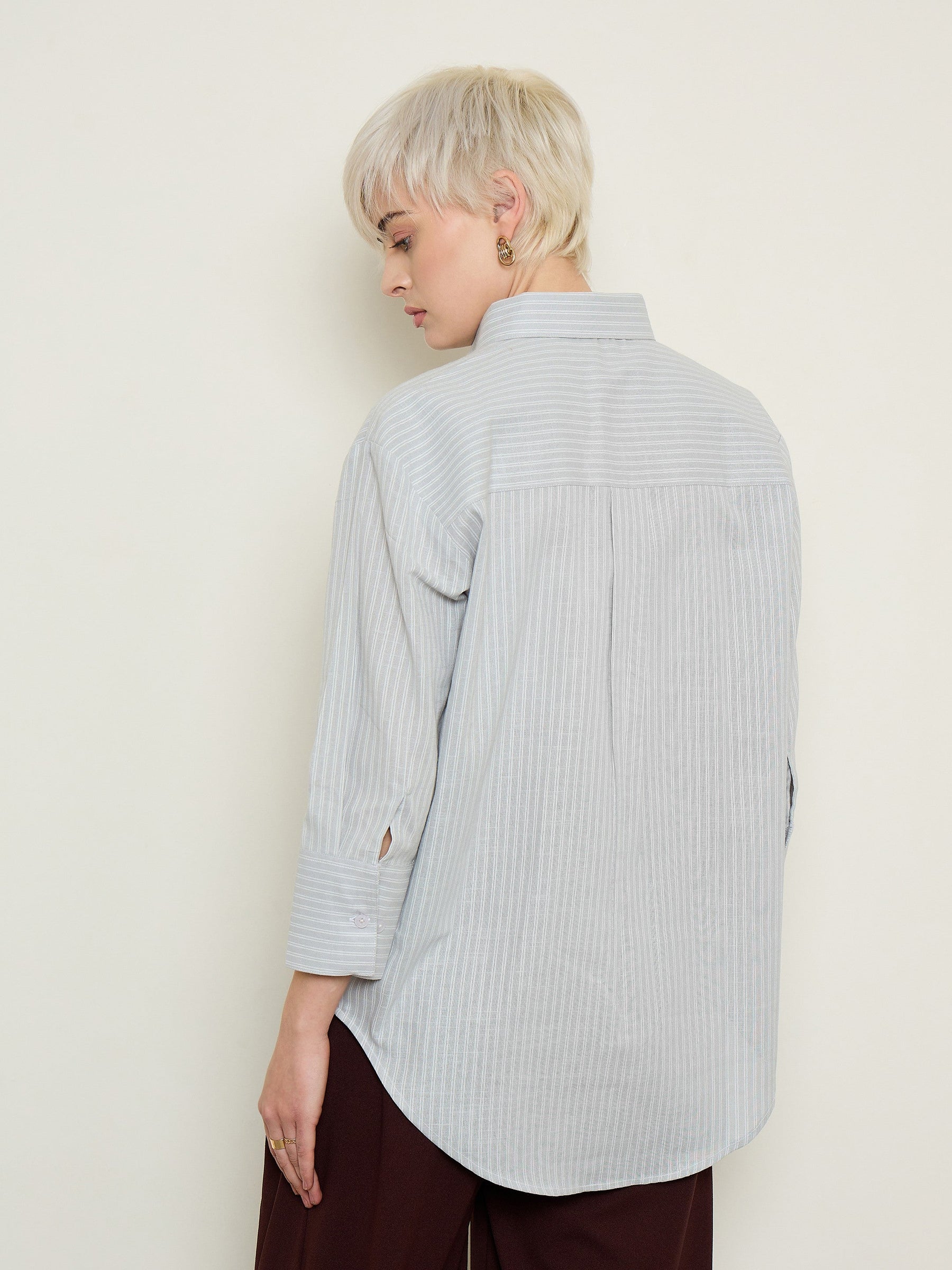 Grey Stripe High-Low Boxy Poplin Shirt-SASSAFRAS BASICS