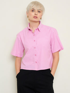 Women Pink Stripes Crop Shirt