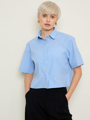 Women Blue Stripes Crop Shirt