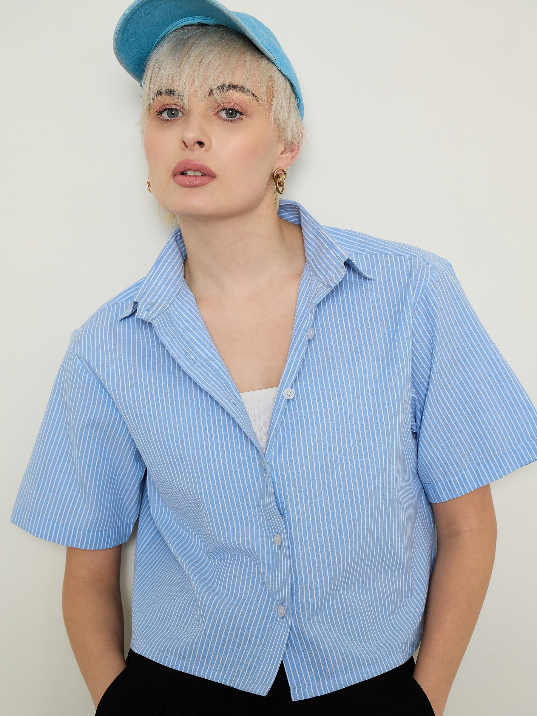 Women Blue Stripes Crop Shirt