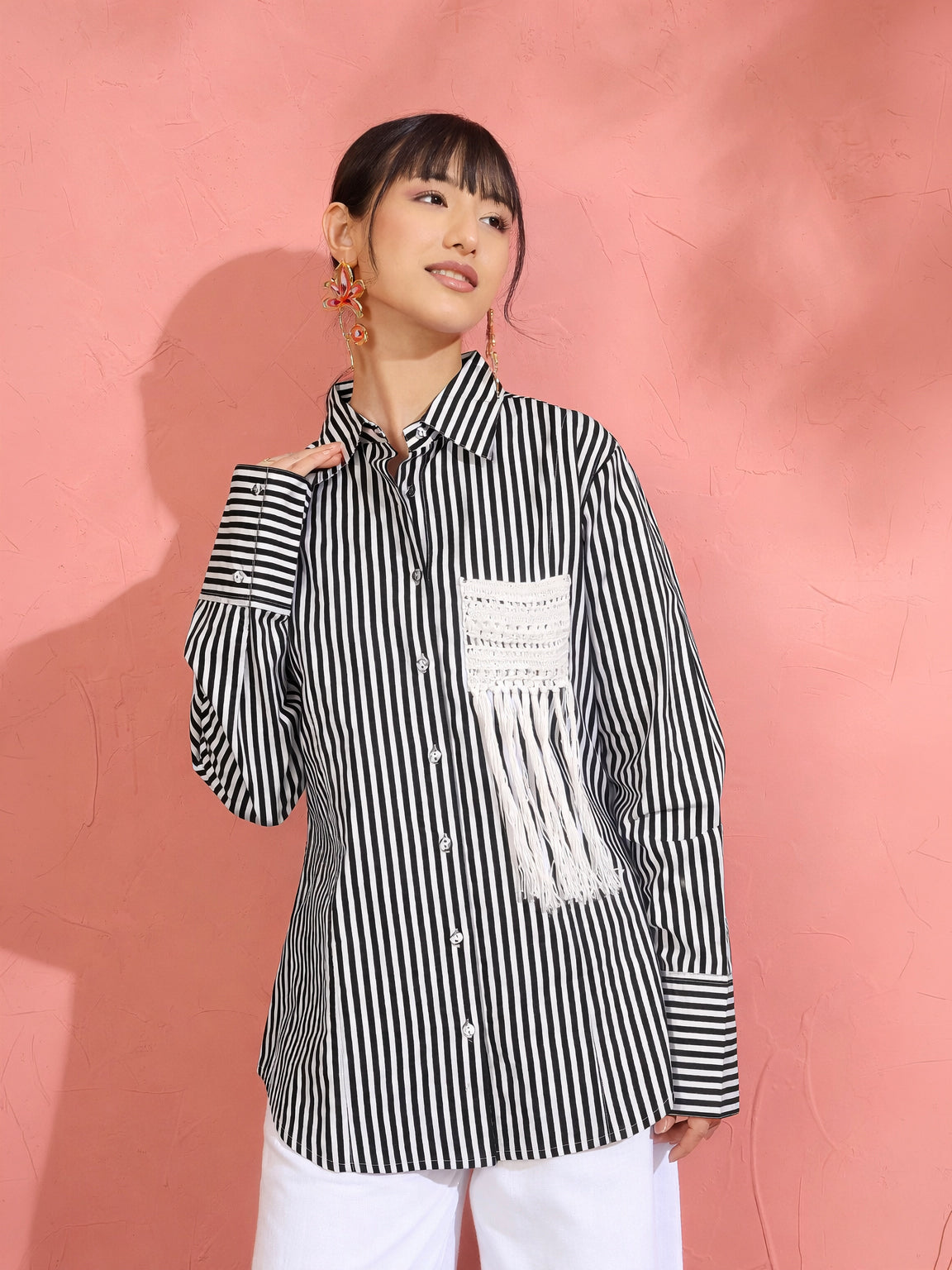 Black & White Stripe Slim Fit Shirt -Pink Paprika by SASSAFRAS