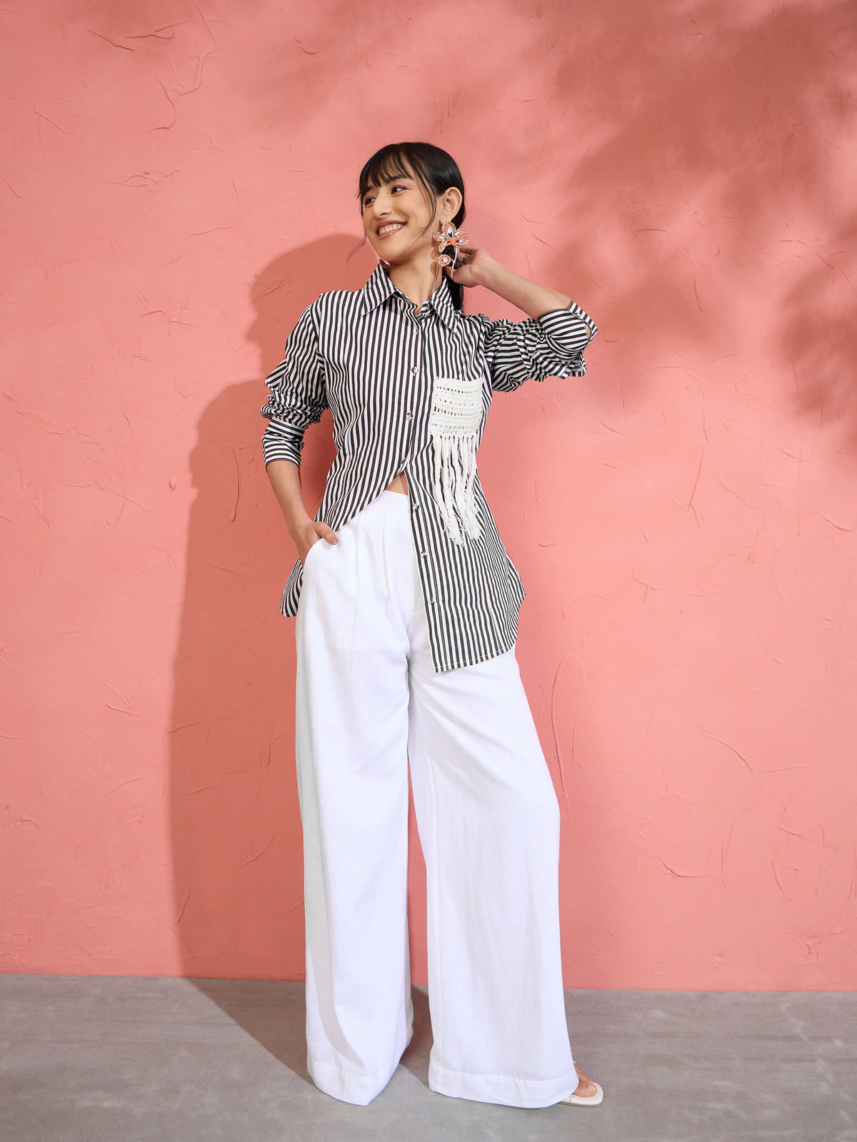 Black & White Stripe Slim Fit Shirt -Pink Paprika by SASSAFRAS