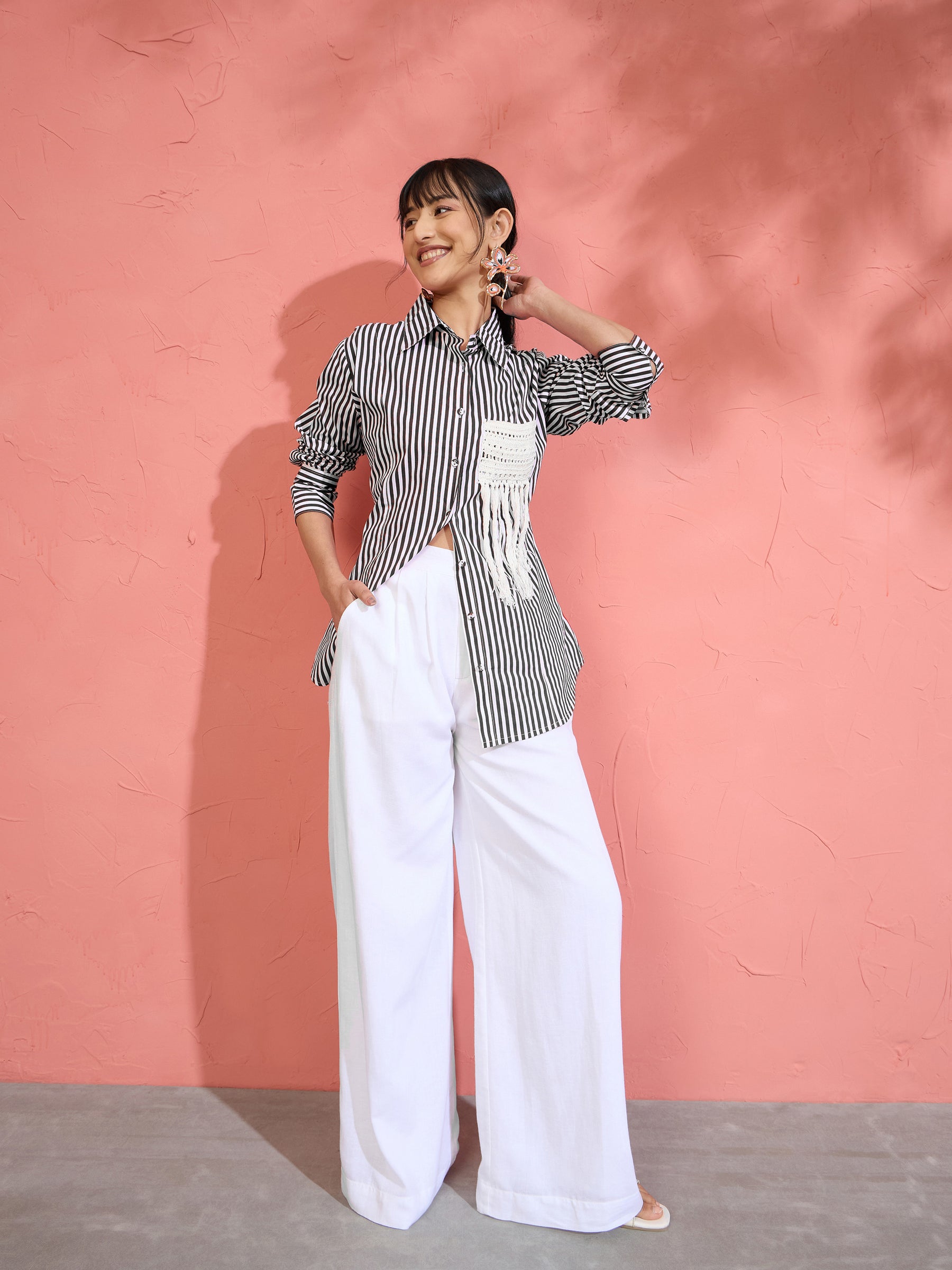 Black & White Stripe Slim Fit Shirt -Pink Paprika by SASSAFRAS