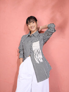 Black & White Stripe Slim Fit Shirt -Pink Paprika by SASSAFRAS