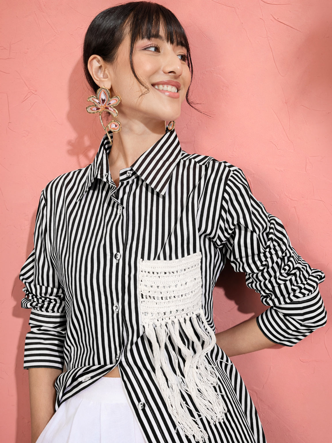 Black & White Stripe Slim Fit Shirt -Pink Paprika by SASSAFRAS