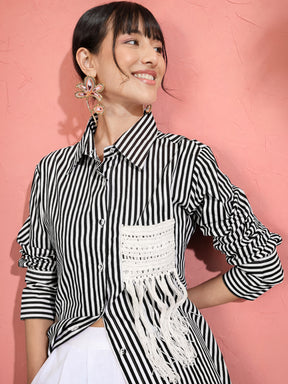 Black & White Stripe Slim Fit Shirt -Pink Paprika by SASSAFRAS