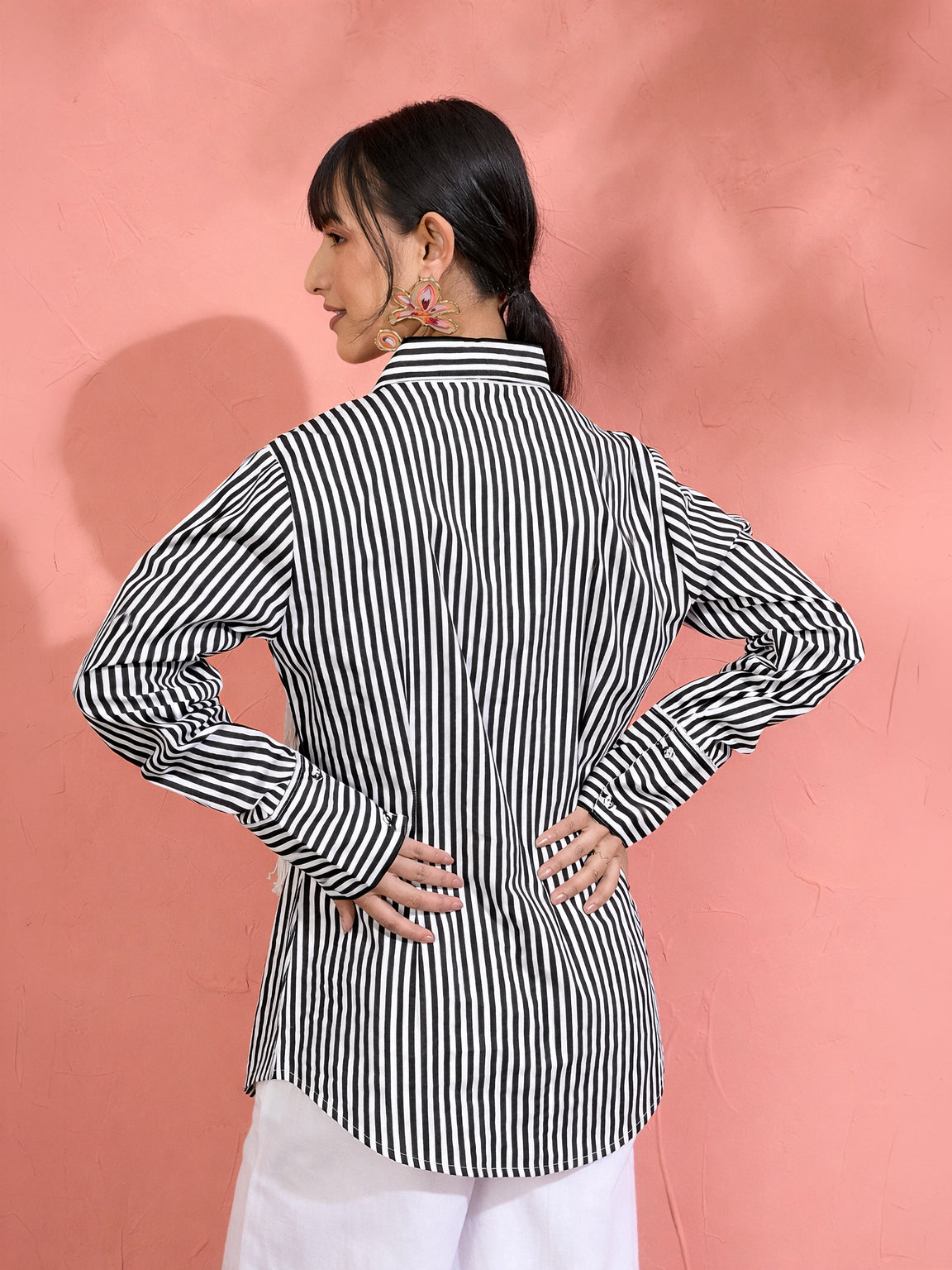 Women Black & White Stripe Slim Fit Shirt