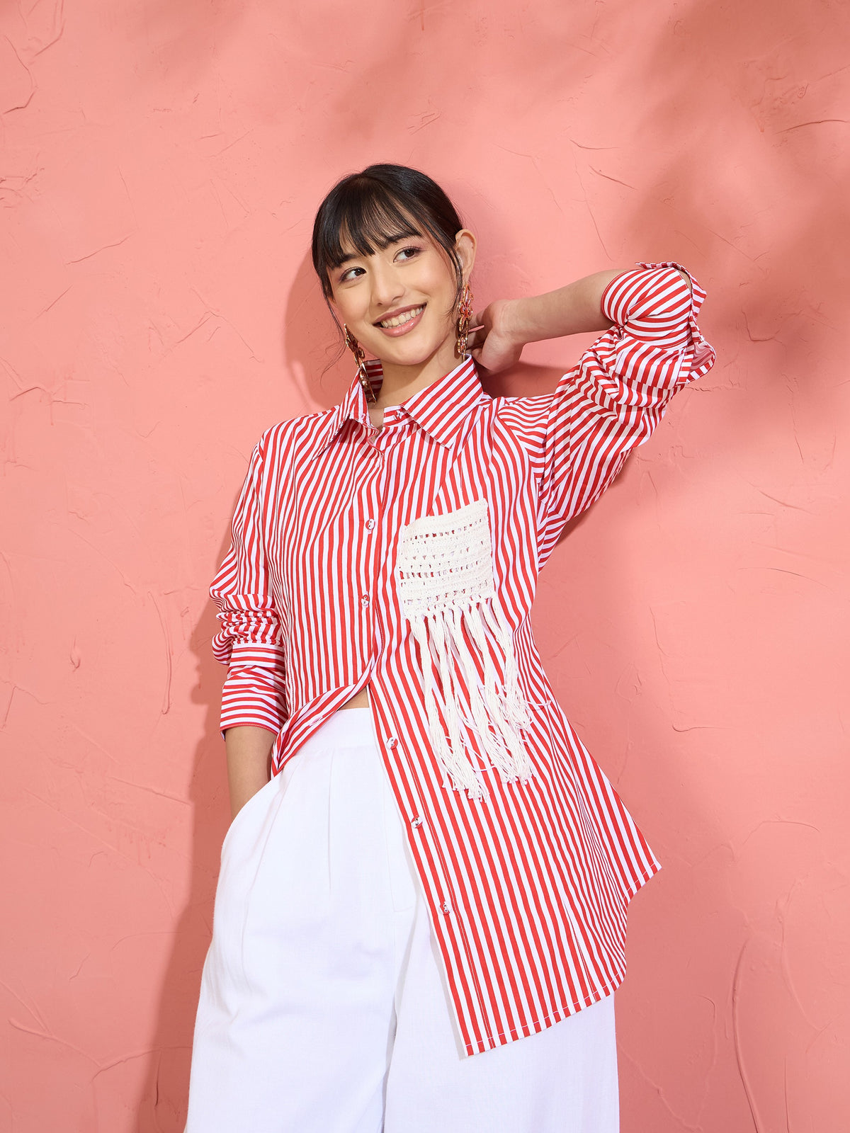 Red & White Stripe Slim Fit Shirt -Pink Paprika by SASSAFRAS