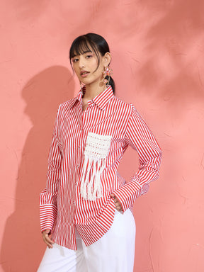 Red & White Stripe Slim Fit Shirt -Pink Paprika by SASSAFRAS