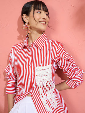 Red & White Stripe Slim Fit Shirt -Pink Paprika by SASSAFRAS