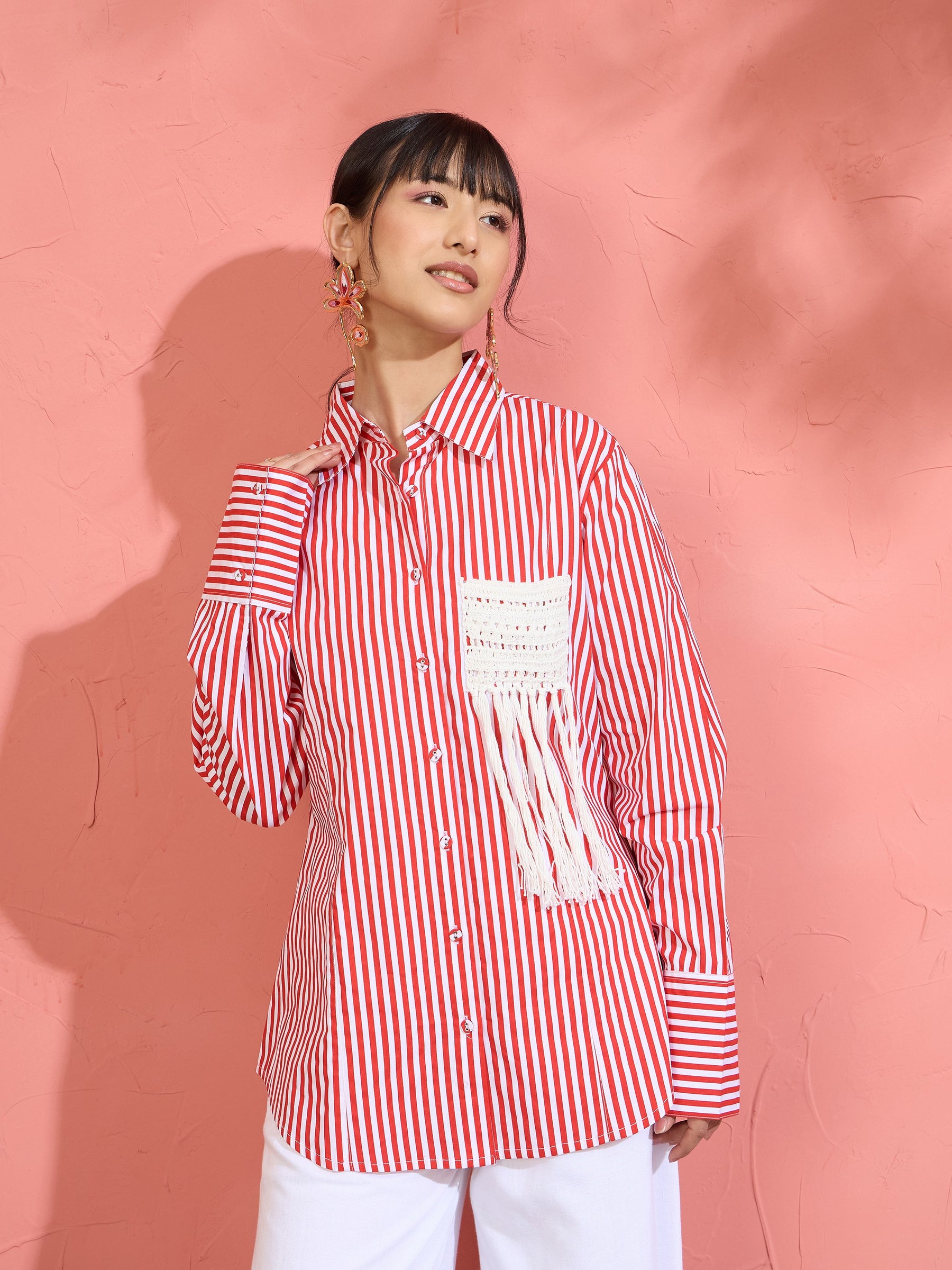 Red & White Stripe Slim Fit Shirt -Pink Paprika by SASSAFRAS