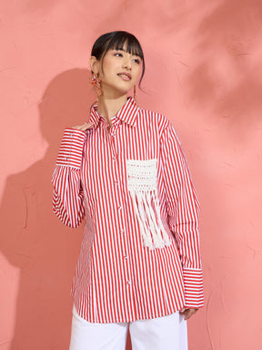 Red & White Stripe Slim Fit Shirt -Pink Paprika by SASSAFRAS
