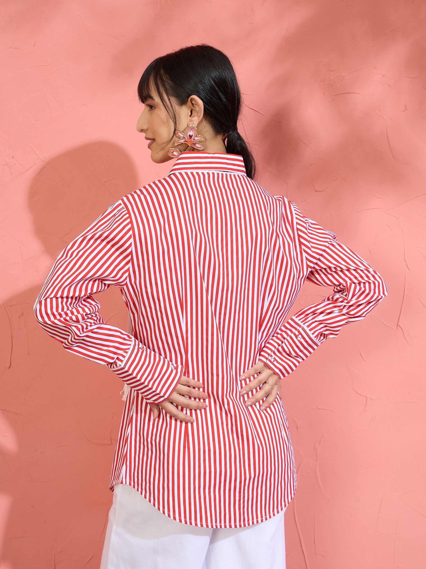 Women Red & White Stripe Slim Fit Shirt