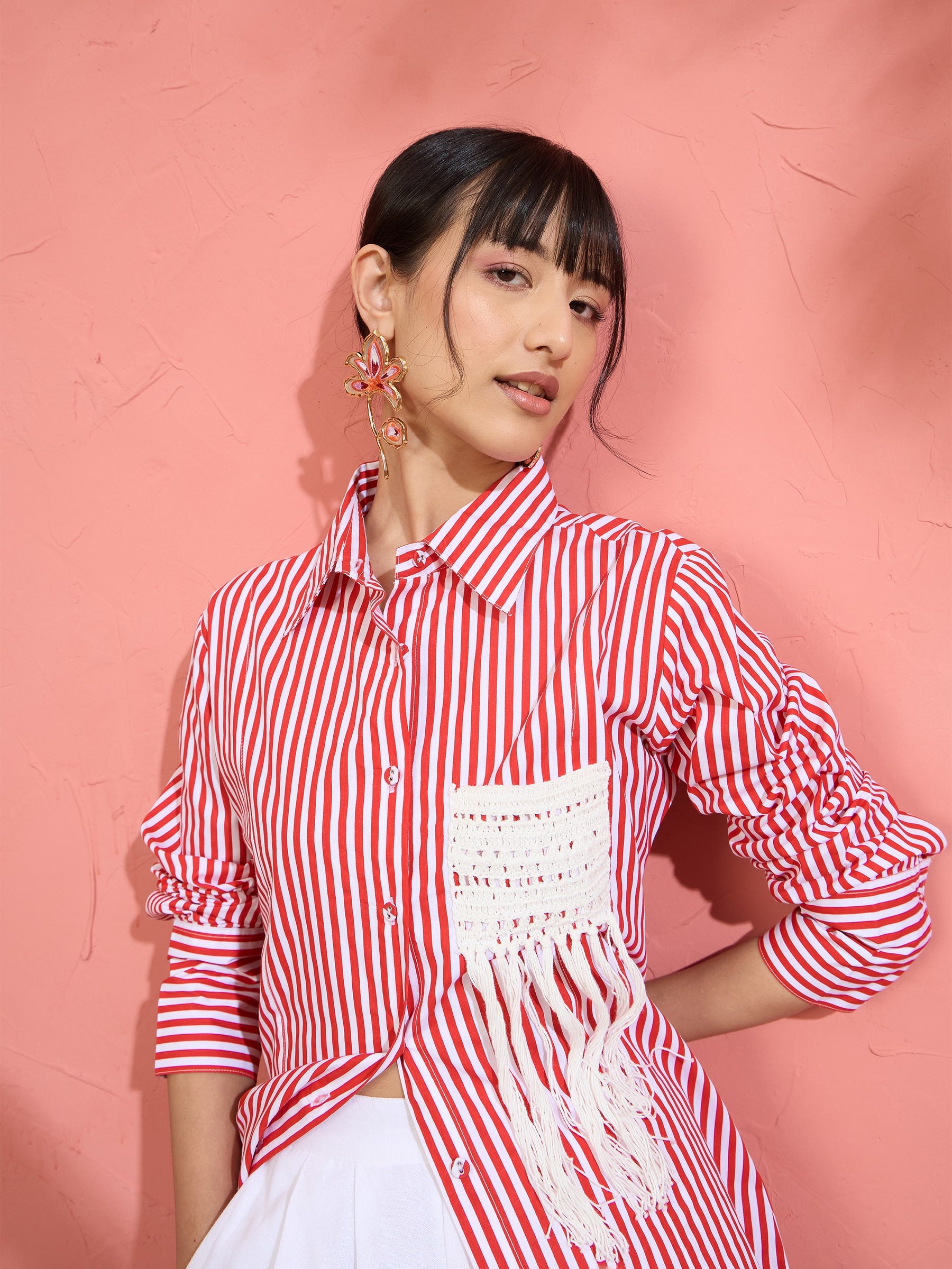 Women Red & White Stripe Slim Fit Shirt