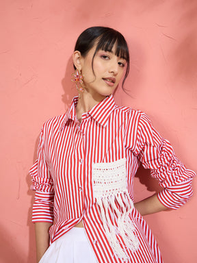 Women Red & White Stripe Slim Fit Shirt