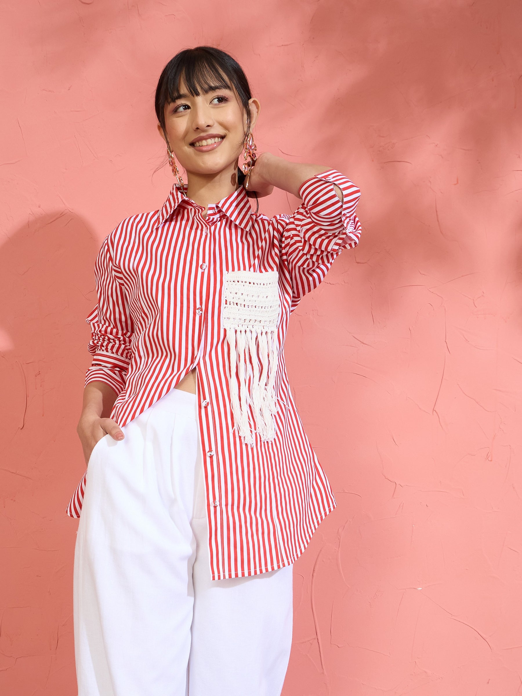 Women Red & White Stripe Slim Fit Shirt