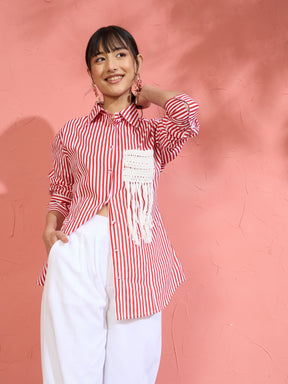 Women Red & White Stripe Slim Fit Shirt