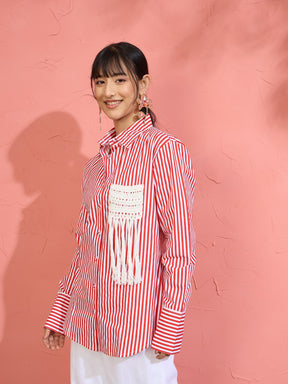 Women Red & White Stripe Slim Fit Shirt