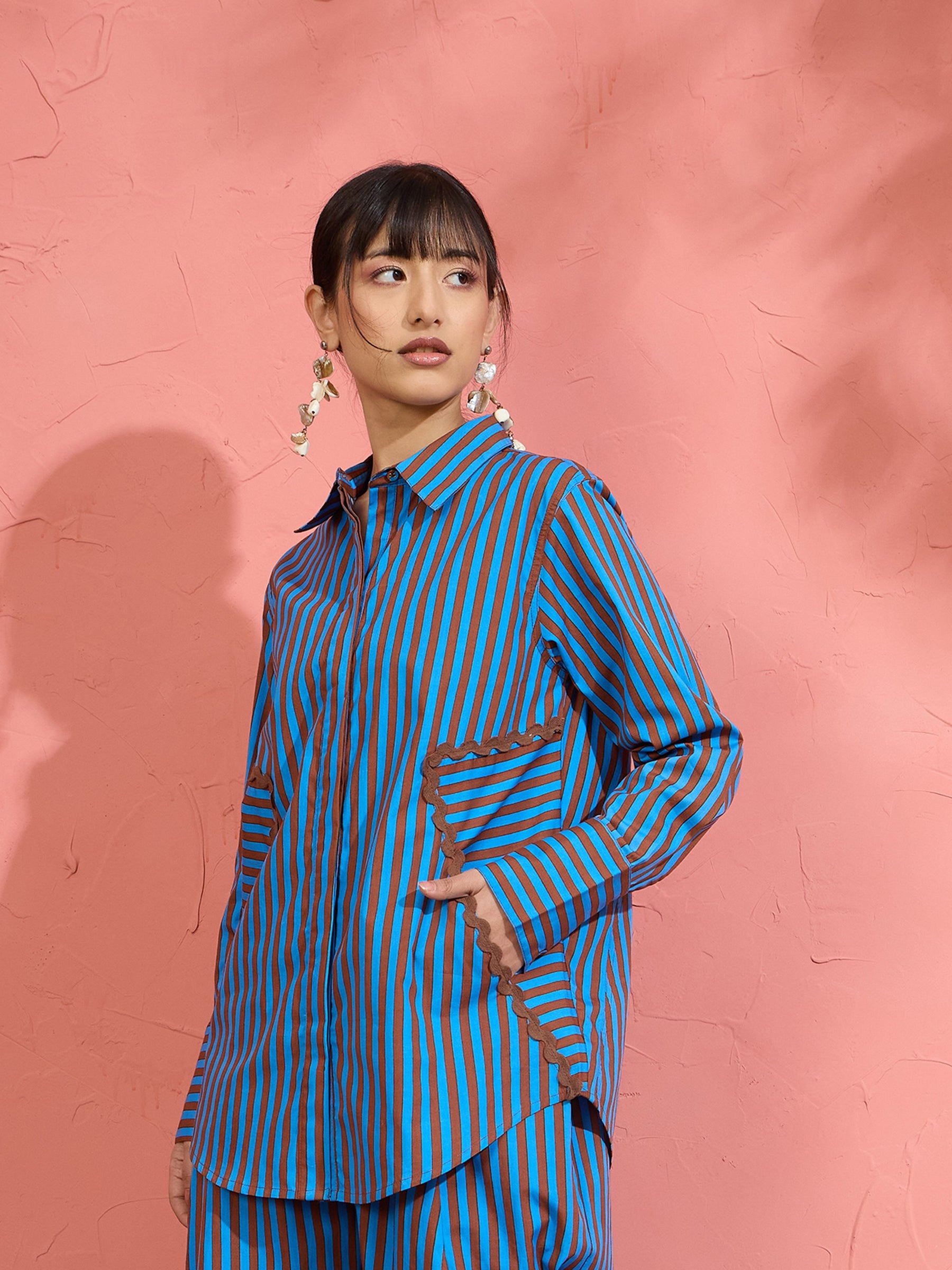 Blue & Brown Stripe Ric Rac Regular Shirt -Pink Paprika by SASSAFRAS