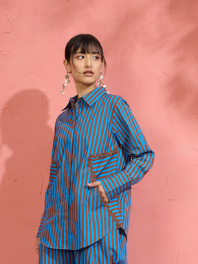 Blue & Brown Stripe Ric Rac Regular Shirt -Pink Paprika by SASSAFRAS