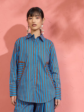 Blue & Brown Stripe Ric Rac Regular Shirt -Pink Paprika by SASSAFRAS