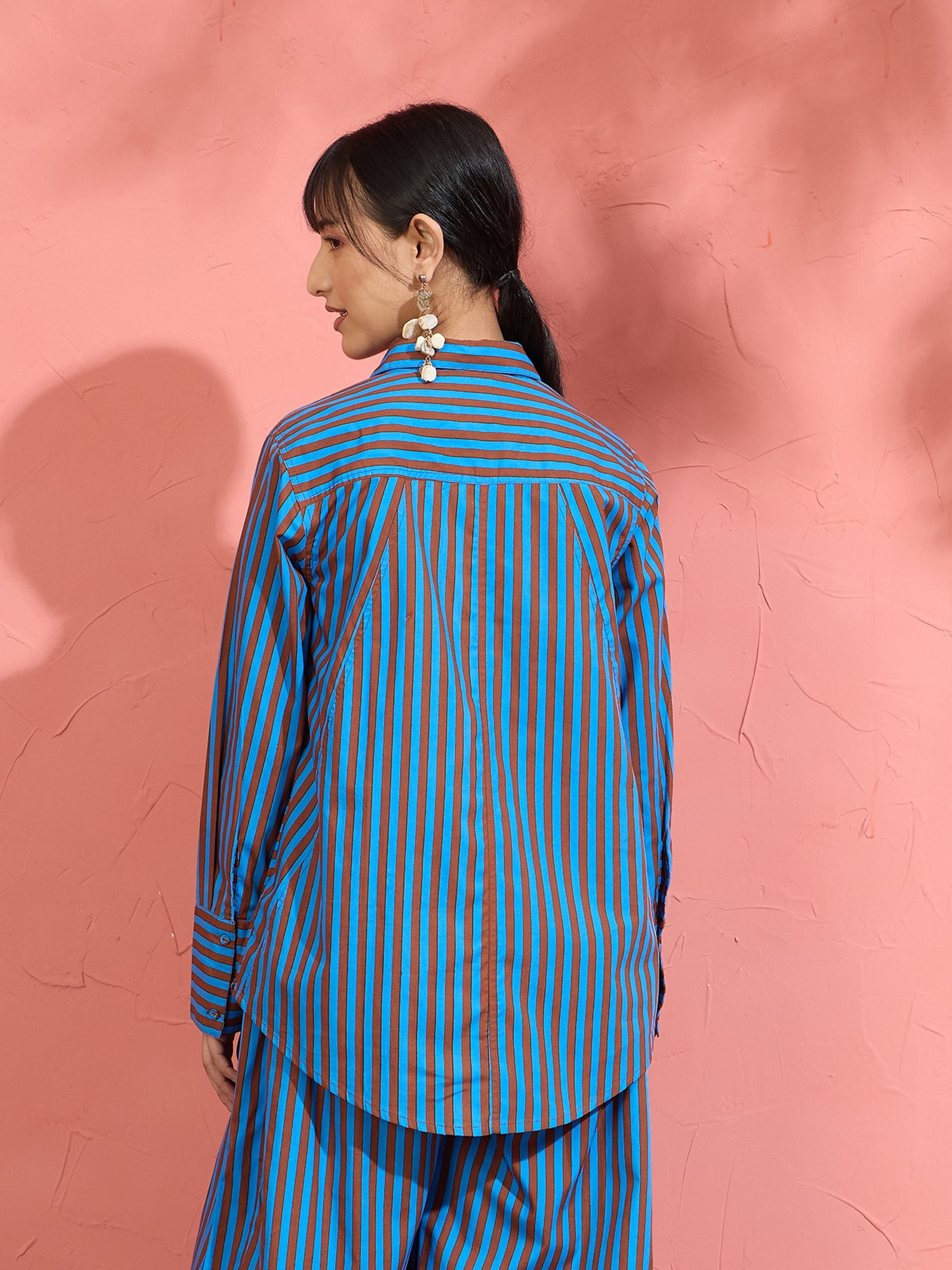 Blue & Brown Stripe Ric Rac Regular Shirt -Pink Paprika by SASSAFRAS