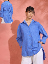 Blue Pin Stripe High-Low Oversized Shirt-Pink Paprika by SASSAFRAS