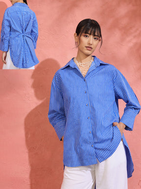 Blue Pin Stripe High-Low Oversized Shirt-Pink Paprika by SASSAFRAS