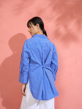 Blue Pin Stripe High-Low Oversized Shirt-Pink Paprika by SASSAFRAS
