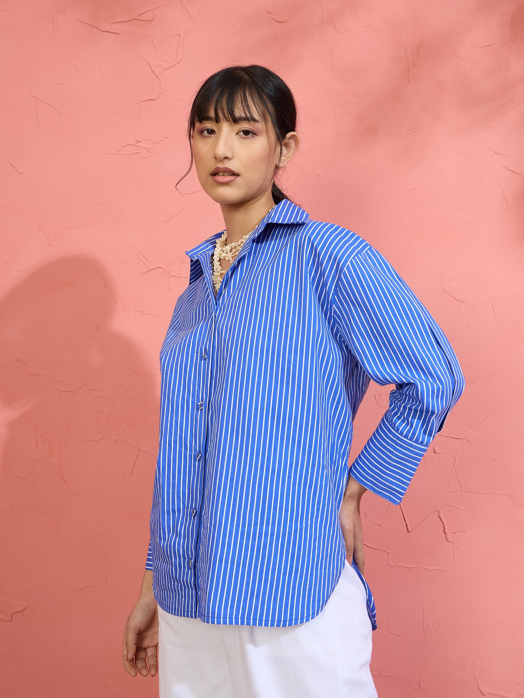 Blue Pin Stripe High-Low Oversized Shirt-Pink Paprika by SASSAFRAS