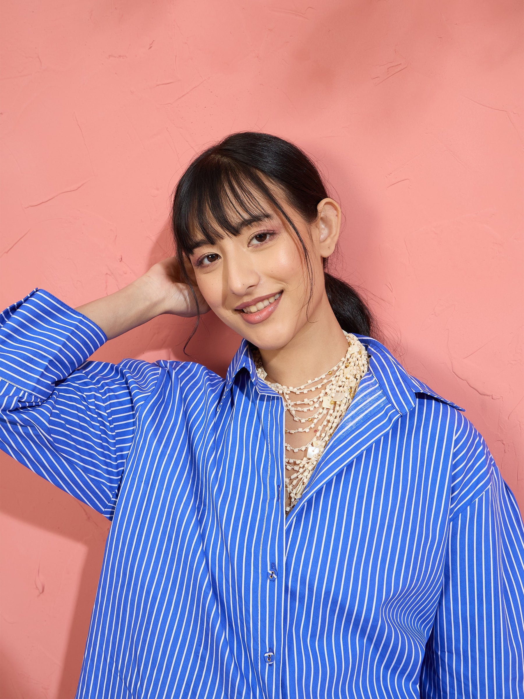 Blue Pin Stripe High-Low Oversized Shirt-Pink Paprika by SASSAFRAS