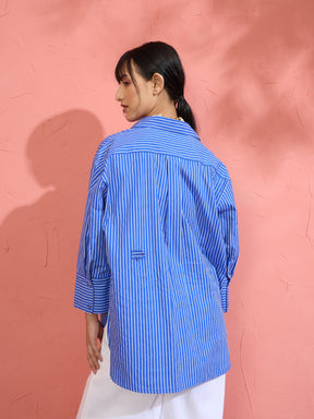 Women Blue Pin Stripe High-Low Oversized Shirt