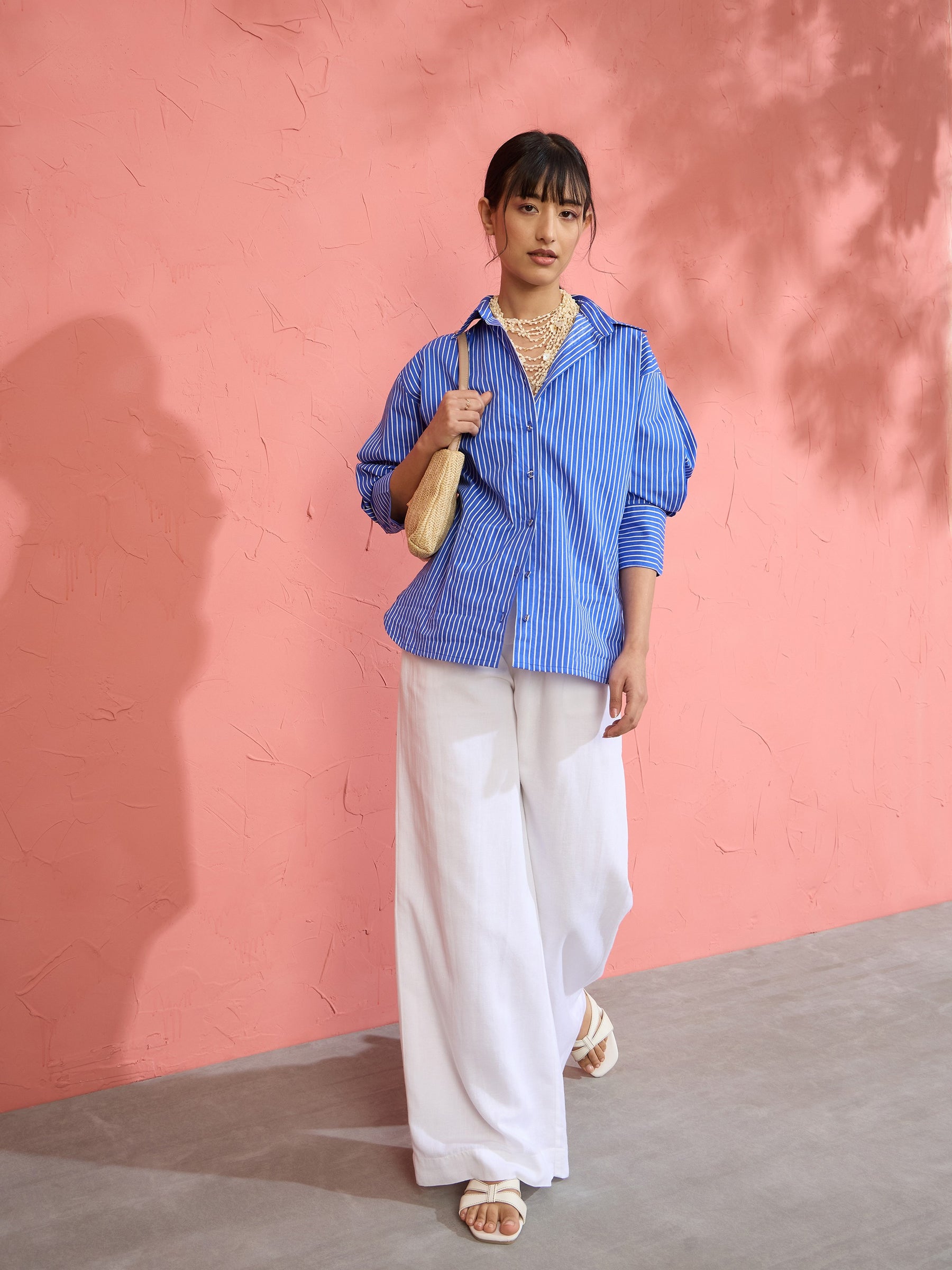 Women Blue Pin Stripe High-Low Oversized Shirt