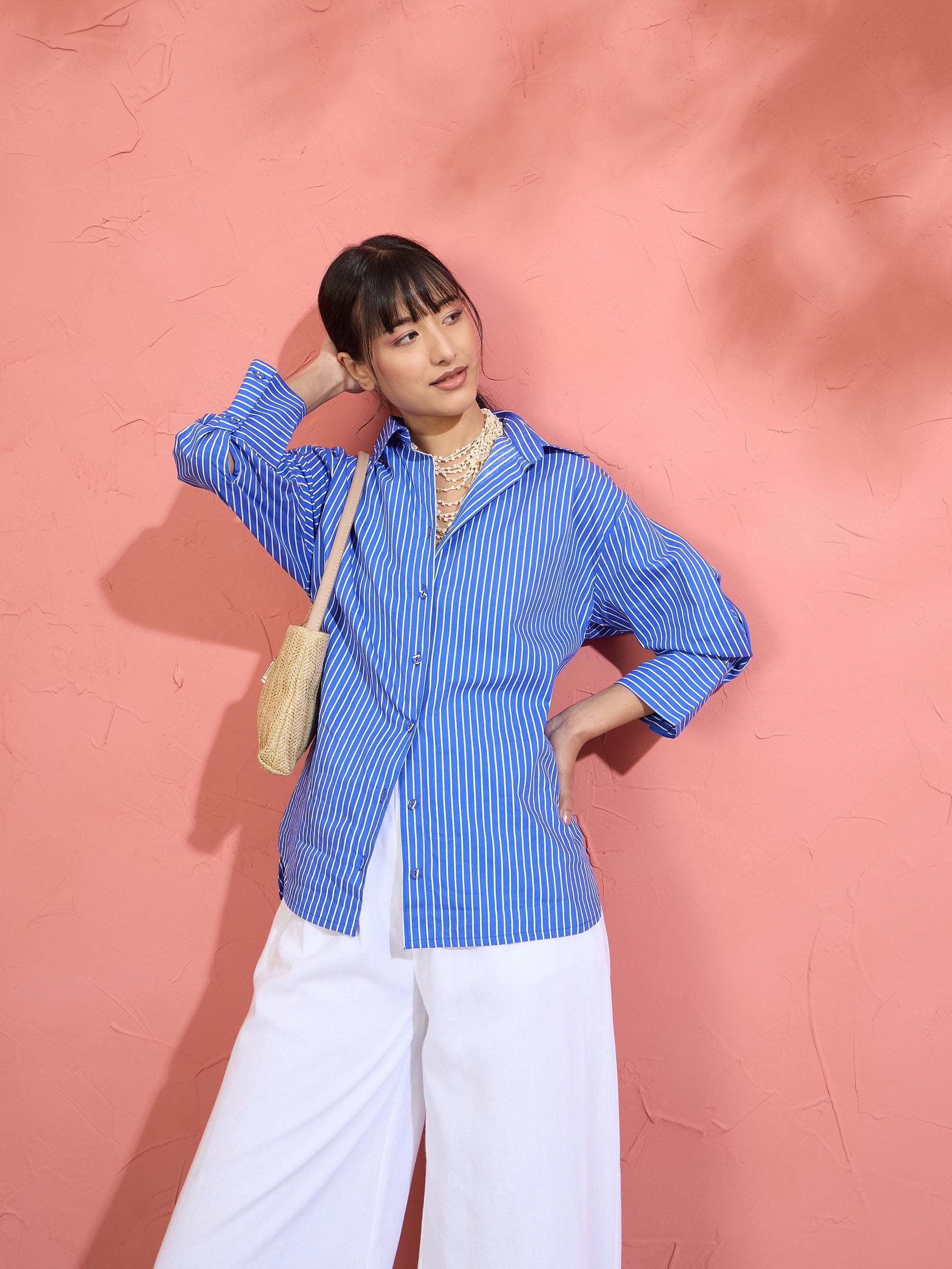 Women Blue Pin Stripe High-Low Oversized Shirt
