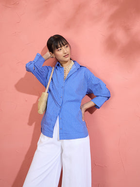 Women Blue Pin Stripe High-Low Oversized Shirt