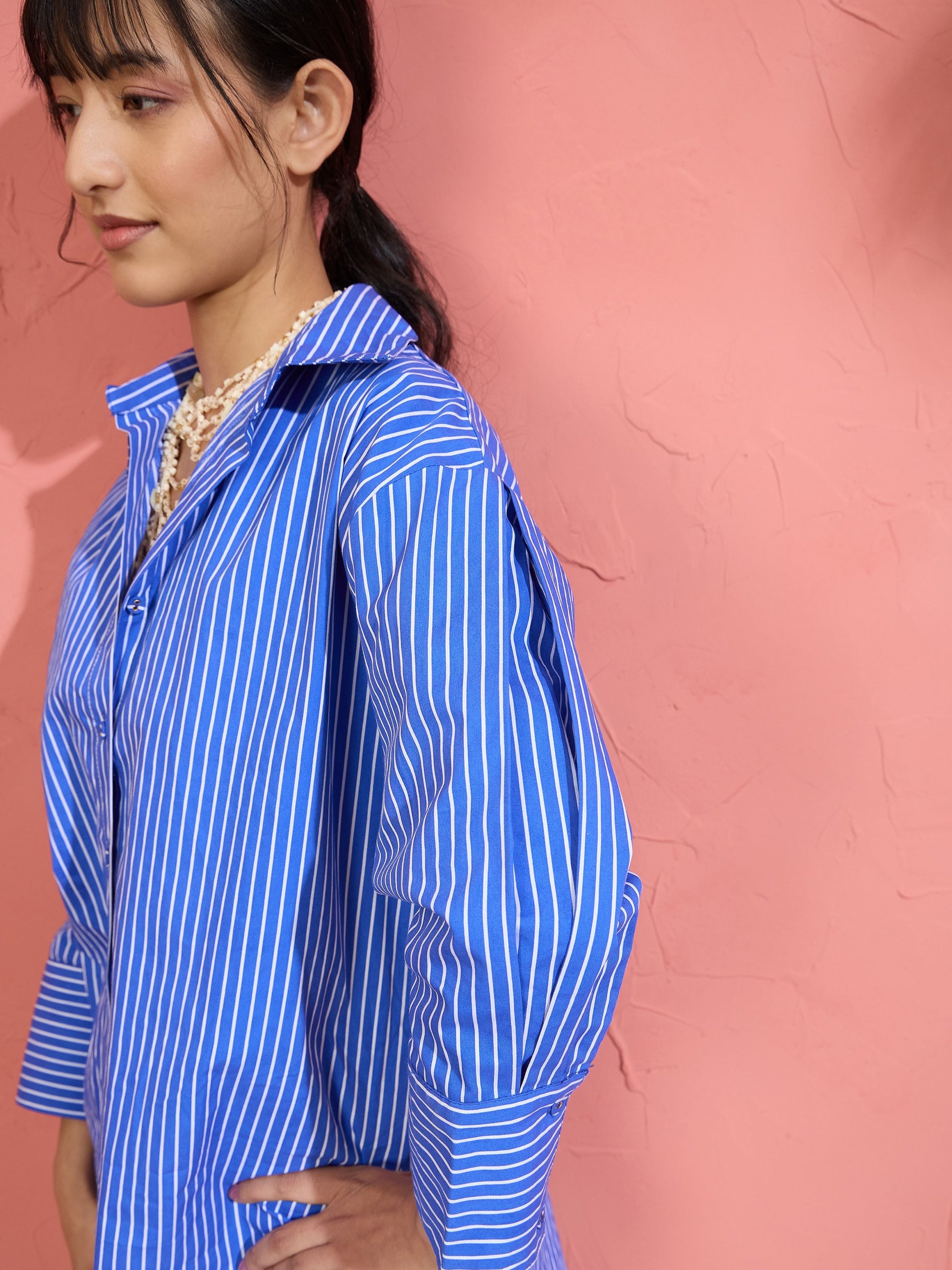 Women Blue Pin Stripe High-Low Oversized Shirt