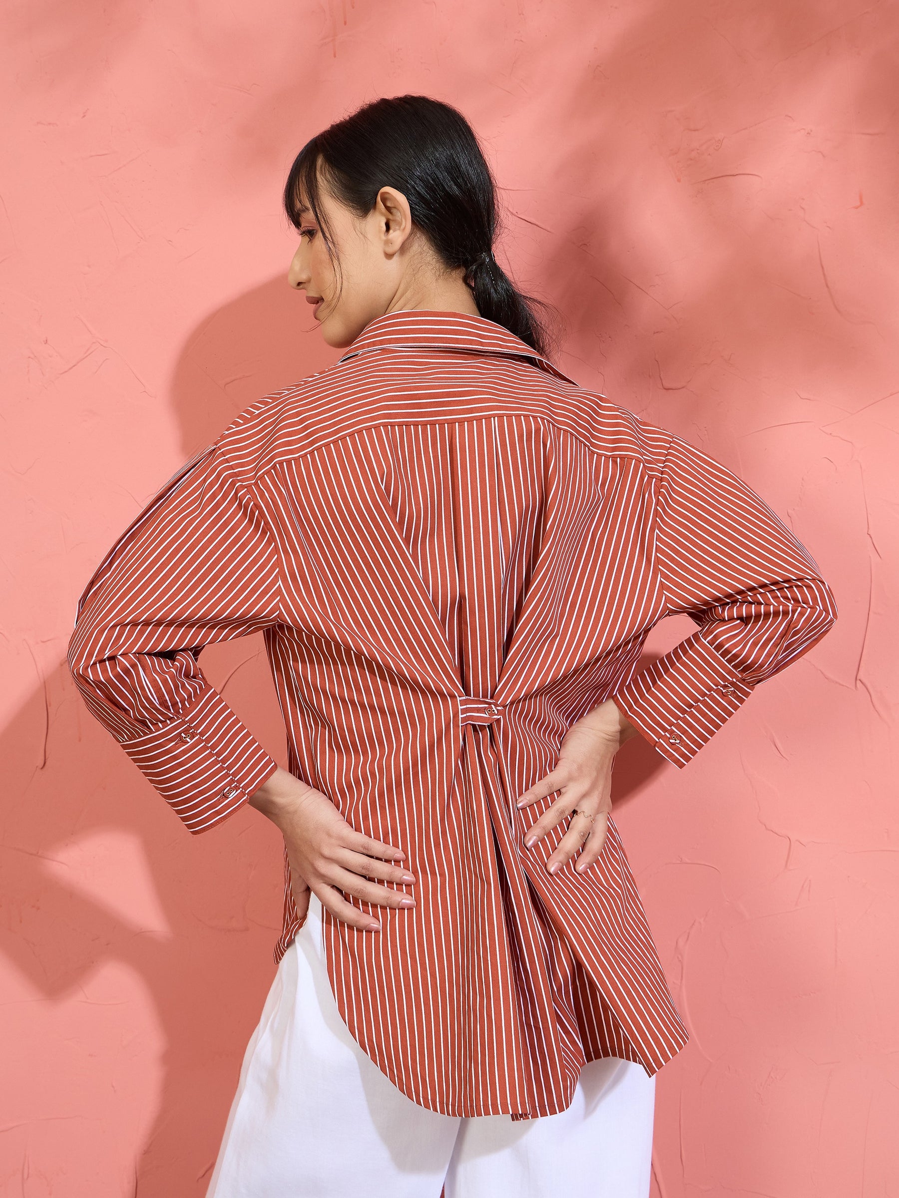 Women Brown Pin Stripe High-Low Oversized Shirt