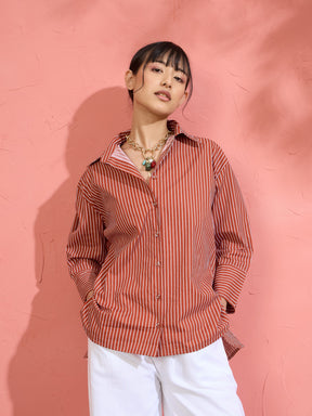 Women Brown Pin Stripe High-Low Oversized Shirt